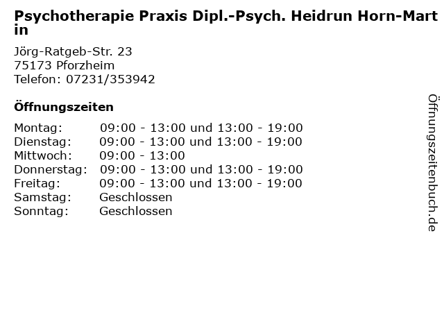 Psychotherapie Praxis Dipl.-Psych. Heidrun Horn-Martin in Pforzheim: Adresse und Öffnungszeiten