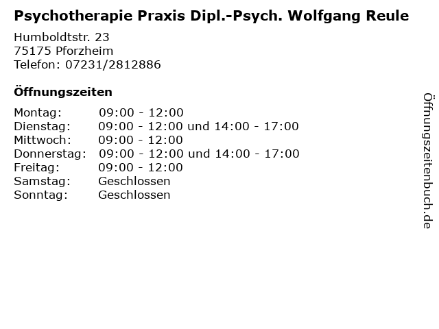 Psychotherapie Praxis Dipl.-Psych. Wolfgang Reule in Pforzheim: Adresse und Öffnungszeiten