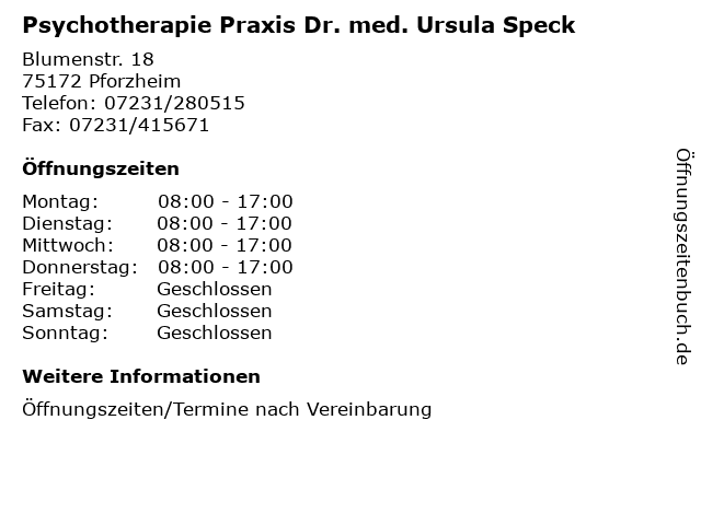 Psychotherapie Praxis Dr. med. Ursula Speck in Pforzheim: Adresse und Öffnungszeiten