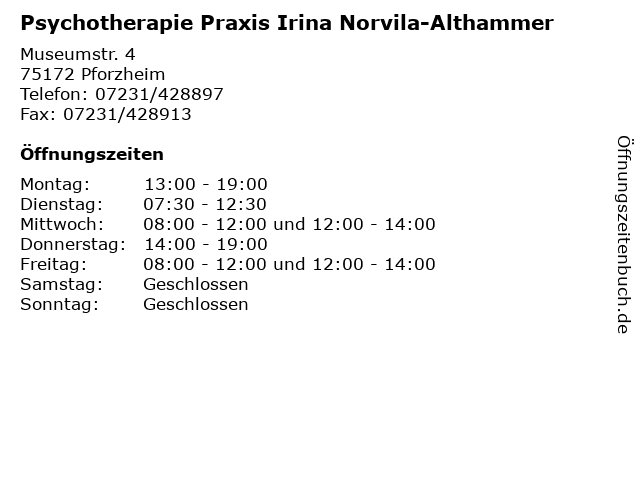 Psychotherapie Praxis Irina Norvila-Althammer in Pforzheim: Adresse und Öffnungszeiten