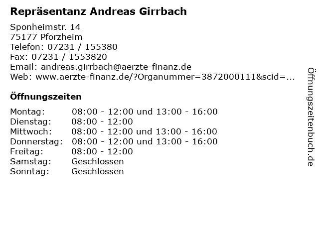 Repräsentanz Andreas Girrbach in Pforzheim: Adresse und Öffnungszeiten
