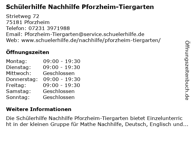 Schülerhilfe Nachhilfe Pforzheim-Tiergarten in Pforzheim: Adresse und Öffnungszeiten