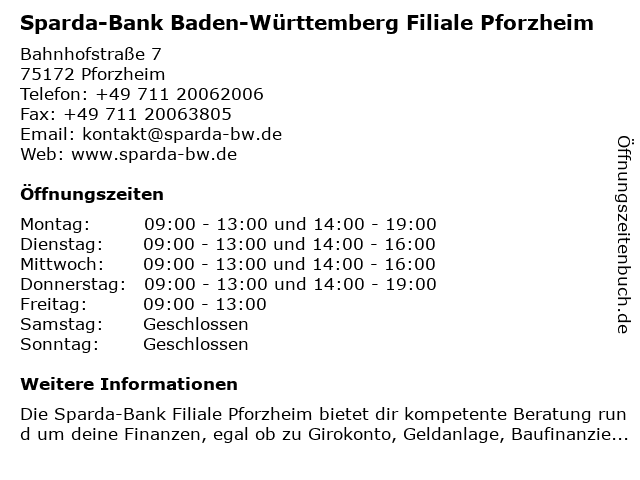 á… Offnungszeiten Sparda Bank Baden Wurttemberg Filiale Pforzheim Bahnhofstrasse 7 In Pforzheim