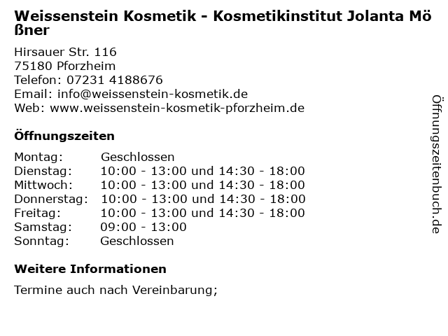Weissenstein Kosmetik - Kosmetikinstitut Jolanta Mößner in Pforzheim: Adresse und Öffnungszeiten