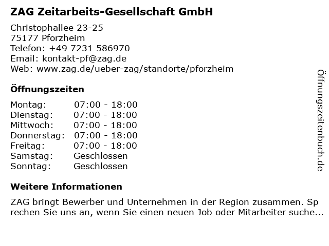 ZAG Zeitarbeits-Gesellschaft GmbH in Pforzheim: Adresse und Öffnungszeiten