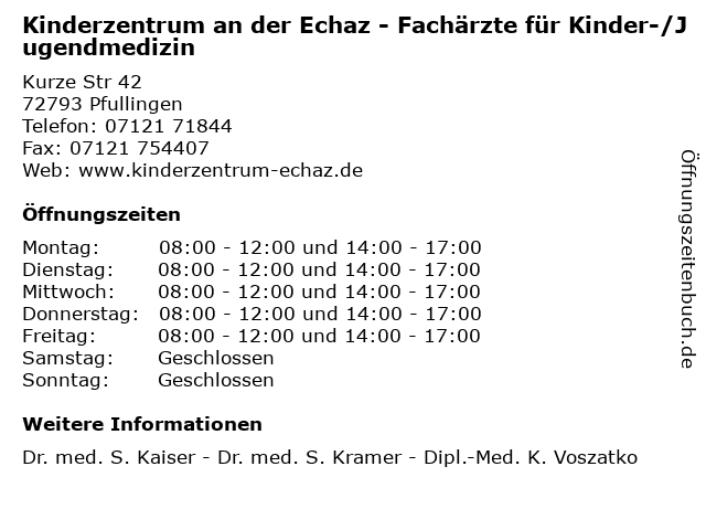Kinderzentrum an der Echaz - Fachärzte für Kinder-/Jugendmedizin in Pfullingen: Adresse und Öffnungszeiten