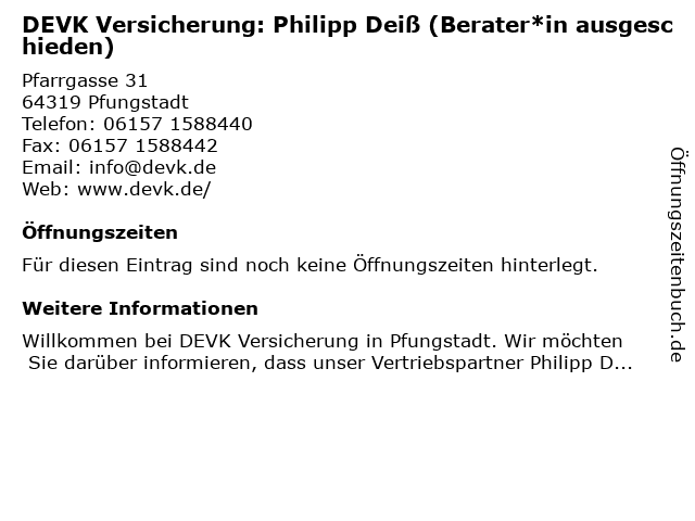 DEVK Versicherung: Philipp Deiß (Berater*in ausgeschieden) in Pfungstadt: Adresse und Öffnungszeiten