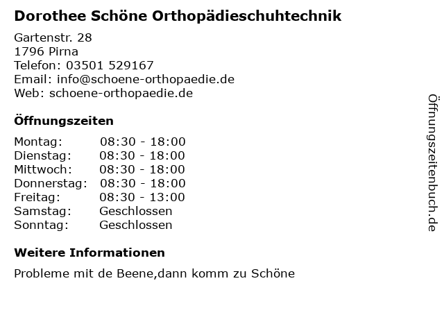 Dorothee Schöne Orthopädieschuhtechnik in Pirna: Adresse und Öffnungszeiten
