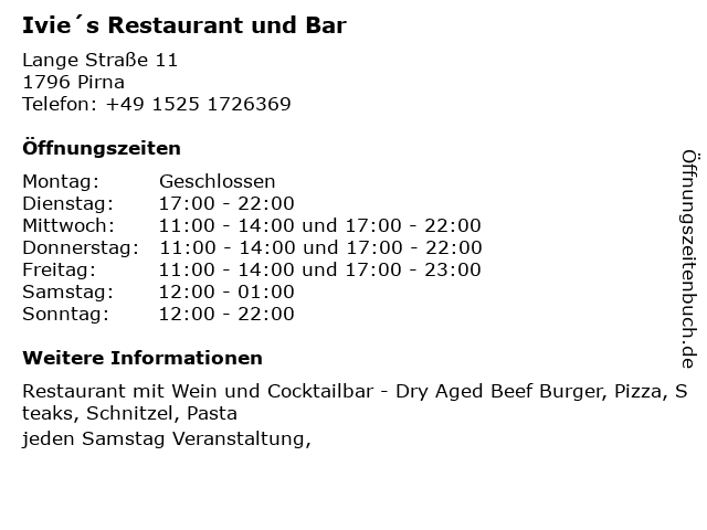 Ivie´s Restaurant und Bar in Pirna: Adresse und Öffnungszeiten