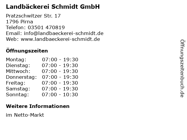 Landbäckerei Schmidt GmbH in Pirna: Adresse und Öffnungszeiten