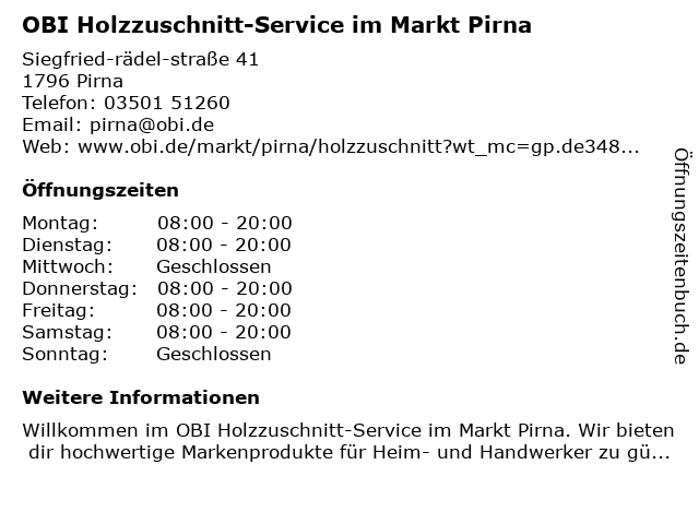 OBI Holzzuschnitt-Service im Markt Pirna in Pirna: Adresse und Öffnungszeiten