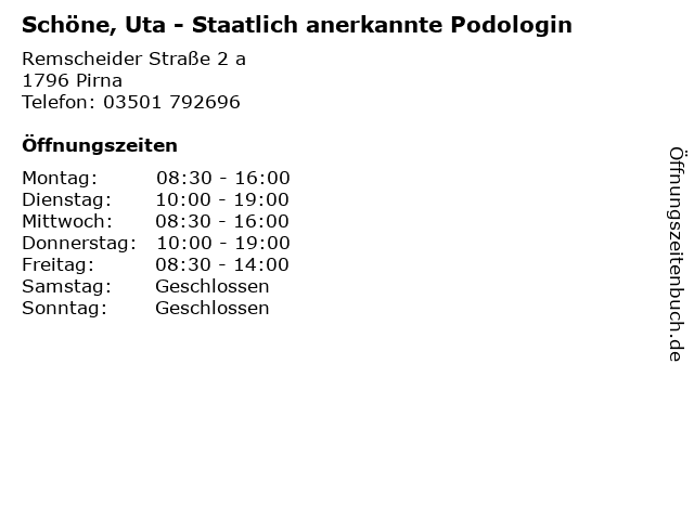 Schöne, Uta - Staatlich anerkannte Podologin in Pirna: Adresse und Öffnungszeiten