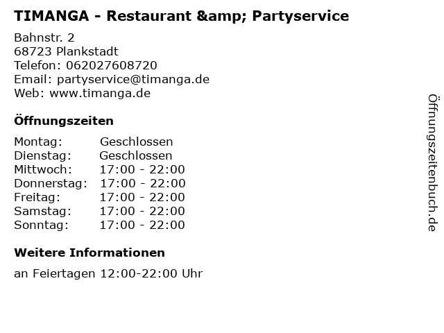 TIMANGA - Restaurant & Partyservice in Plankstadt: Adresse und Öffnungszeiten