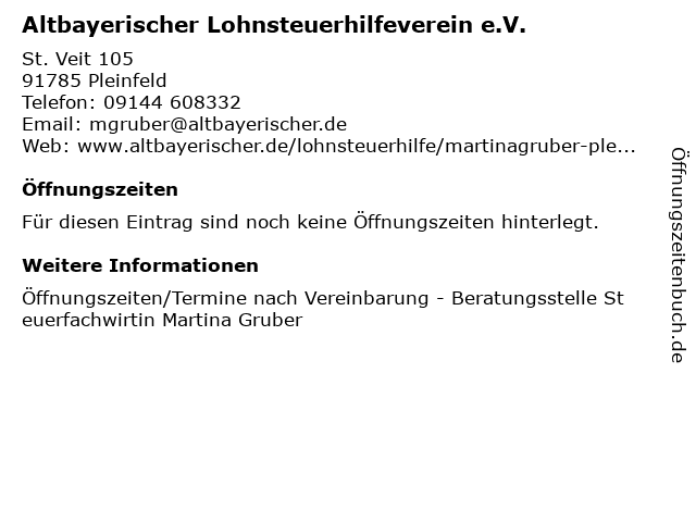 á… Offnungszeiten Altbayerischer Lohnsteuerhilfeverein E V St Veit 105 In Pleinfeld