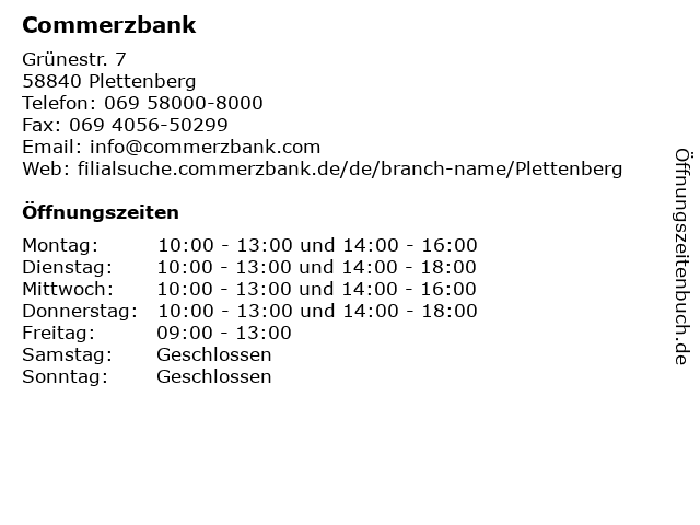 ᐅ Offnungszeiten Commerzbank Plettenberg Grunestr 7 In Plettenberg
