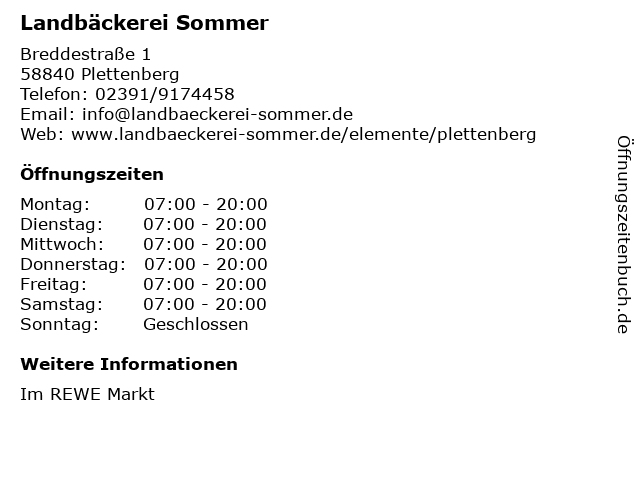 Landbäckerei Sommer in Plettenberg: Adresse und Öffnungszeiten