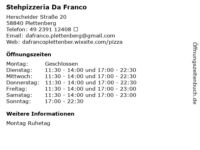 Stehpizzeria Da Franco in Plettenberg: Adresse und Öffnungszeiten