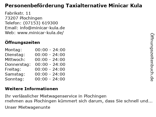 Personenbeförderung Taxialternative Minicar Kula in Plochingen: Adresse und Öffnungszeiten