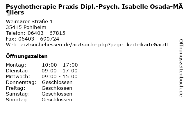 Psychotherapie Praxis Dipl.-Psych. Isabelle Osada-Möllers in Pohlheim: Adresse und Öffnungszeiten