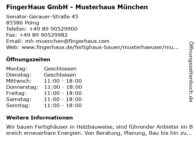 ᐅ öffnungszeiten Fingerhaus Gmbh Musterhaus München Senator