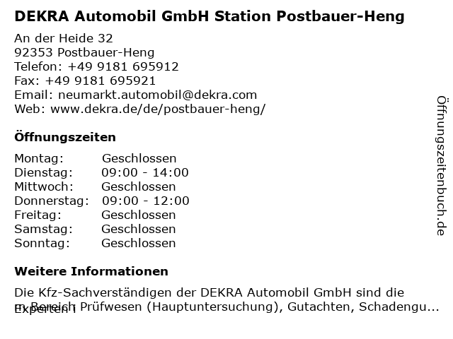 DEKRA Automobil GmbH Station Postbauer-Heng in Postbauer-Heng: Adresse und Öffnungszeiten