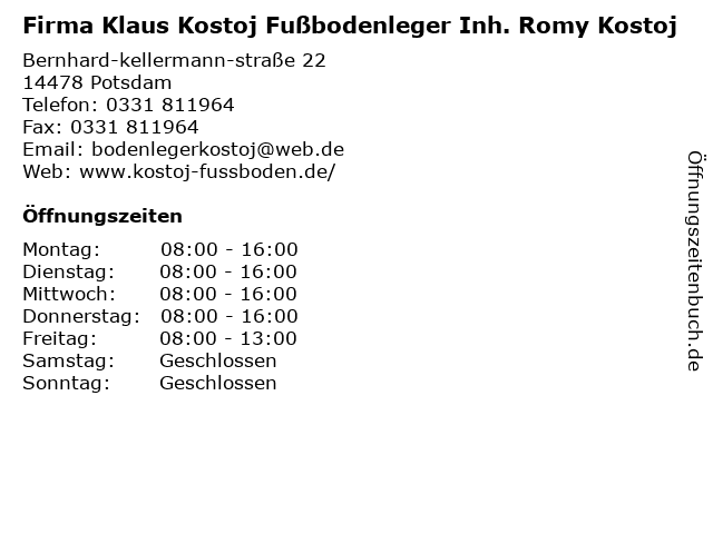 Firma Klaus Kostoj Fußbodenleger Inh. Romy Kostoj in Potsdam: Adresse und Öffnungszeiten