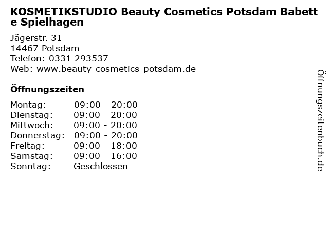 KOSMETIKSTUDIO Beauty Cosmetics Potsdam Babette Spielhagen in Potsdam: Adresse und Öffnungszeiten