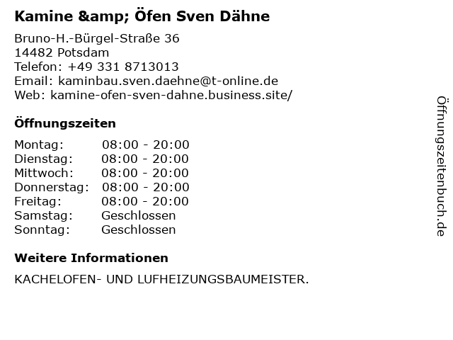 Kamine & Öfen Sven Dähne in Potsdam: Adresse und Öffnungszeiten