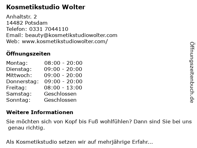 Kosmetikstudio Wolter in Potsdam: Adresse und Öffnungszeiten