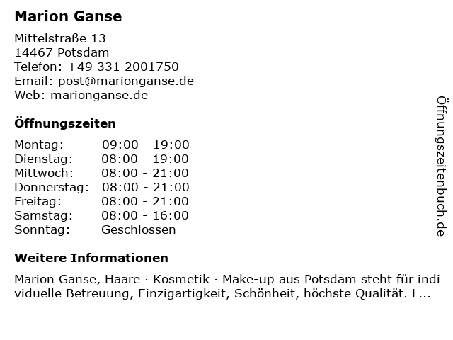 Marion Ganse in Potsdam: Adresse und Öffnungszeiten