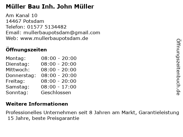 Müller Bau Inh. John Müller in Potsdam: Adresse und Öffnungszeiten