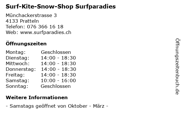 Surf-Kite-Snow-Shop Surfparadies in Pratteln: Adresse und Öffnungszeiten