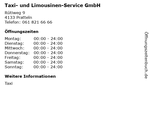 Taxi- und Limousinen-Service GmbH in Pratteln: Adresse und Öffnungszeiten