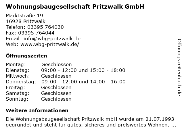 Wohnungsbaugesellschaft Pritzwalk GmbH in Pritzwalk: Adresse und Öffnungszeiten