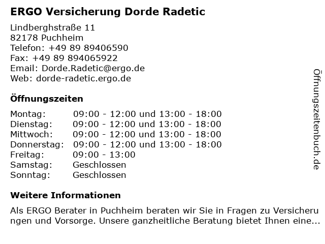 ERGO Versicherung Dorde Radetic in Puchheim: Adresse und Öffnungszeiten