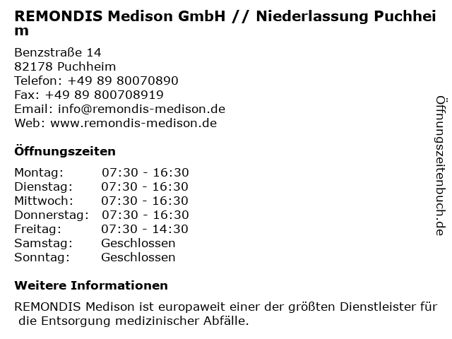 ᐅ Offnungszeiten Remondis Medison Gmbh Benzstrasse 14 In Puchheim
