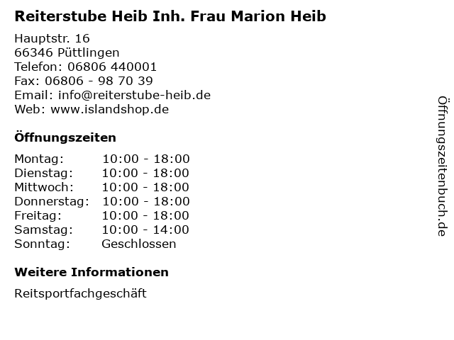 Reiterstube Heib Inh. Frau Marion Heib in Püttlingen: Adresse und Öffnungszeiten