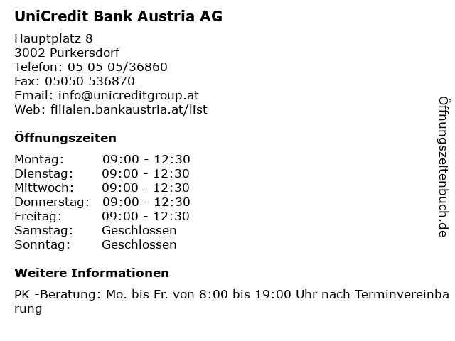 ᐅ Offnungszeiten Unicredit Bank Austria Ag Filiale Purkersdorf