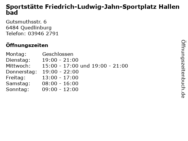 Sportstätte Friedrich-Ludwig-Jahn-Sportplatz Hallenbad in Quedlinburg: Adresse und Öffnungszeiten