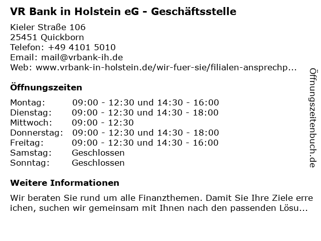 á… Offnungszeiten Vr Bank In Holstein Eg Geschaftsstelle Kieler Strasse 106 In Quickborn