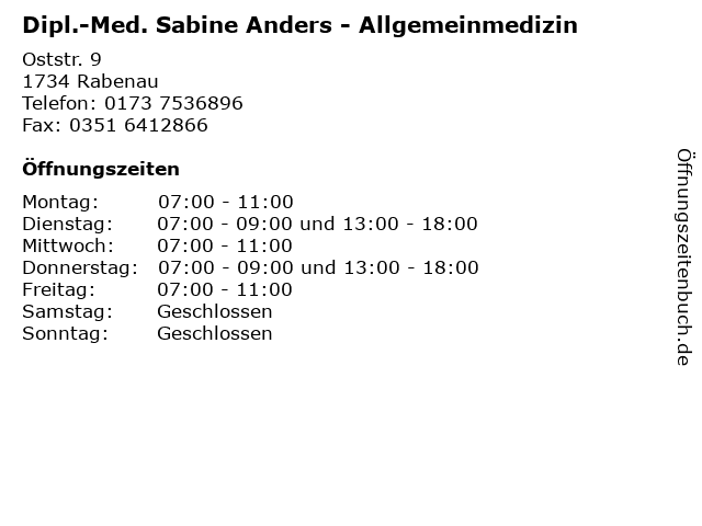 Dipl.-Med. Sabine Anders - Allgemeinmedizin in Rabenau: Adresse und Öffnungszeiten