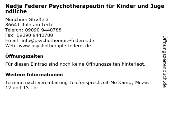Nadja Federer Psychotherapeutin für Kinder und Jugendliche in Rain am Lech: Adresse und Öffnungszeiten