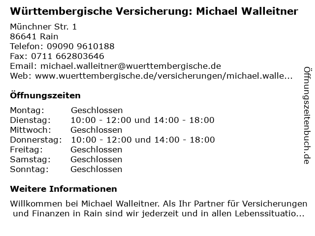 Württembergische Versicherung: Michael Walleitner in Rain: Adresse und Öffnungszeiten