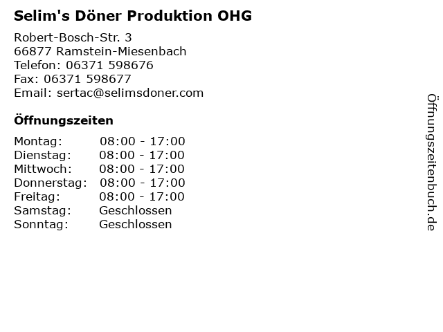 Selim's Döner Produktion OHG in Ramstein-Miesenbach: Adresse und Öffnungszeiten