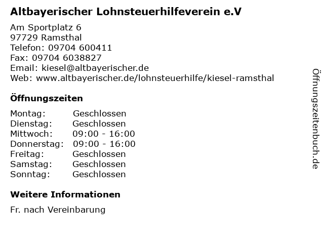 Altbayerischer Lohnsteuerhilfeverein e.V in Ramsthal: Adresse und Öffnungszeiten