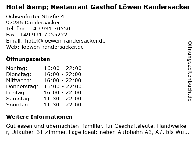 Hotel & Restaurant Gasthof Löwen Randersacker in Randersacker: Adresse und Öffnungszeiten