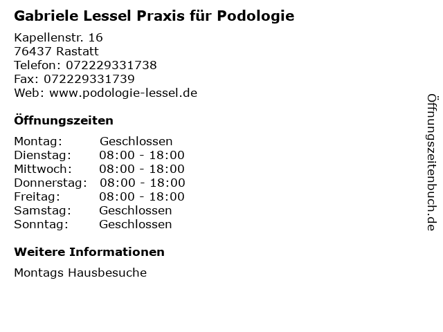 Gabriele Lessel Praxis für Podologie in Rastatt: Adresse und Öffnungszeiten