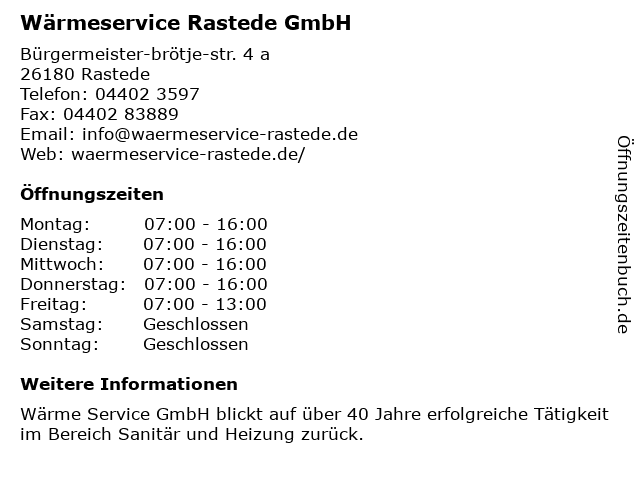 Wärmeservice Rastede GmbH in Rastede: Adresse und Öffnungszeiten