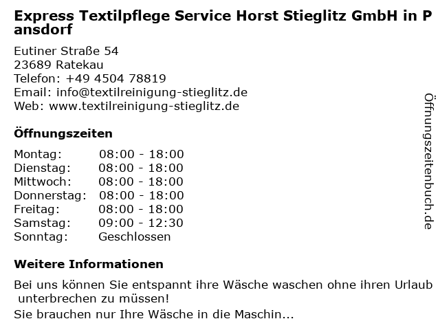 Express Textilpflege Service Horst Stieglitz GmbH in Pansdorf in Ratekau: Adresse und Öffnungszeiten