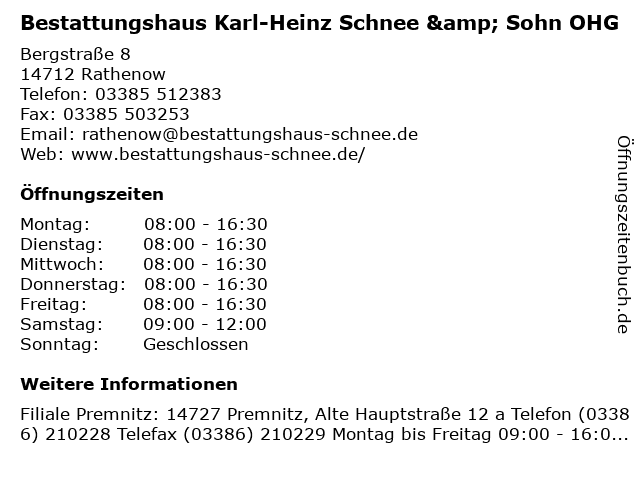 Bestattungshaus Karl-Heinz Schnee & Sohn OHG in Rathenow: Adresse und Öffnungszeiten